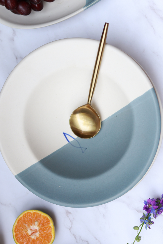 White and blue pasta plate 