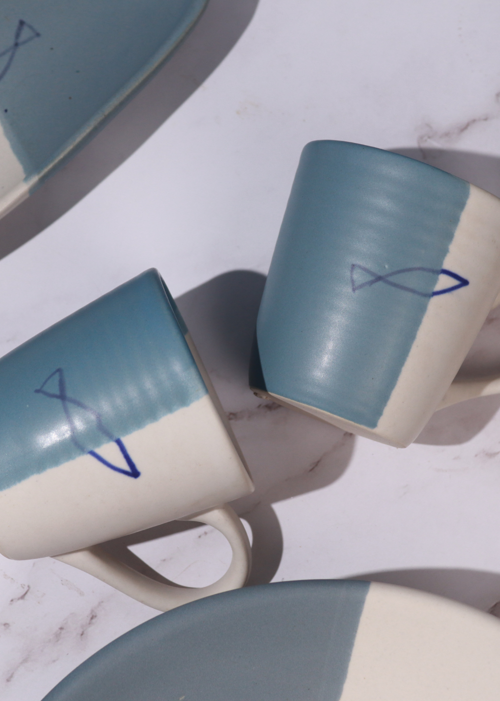 Handmade ceramic mugs white and blue