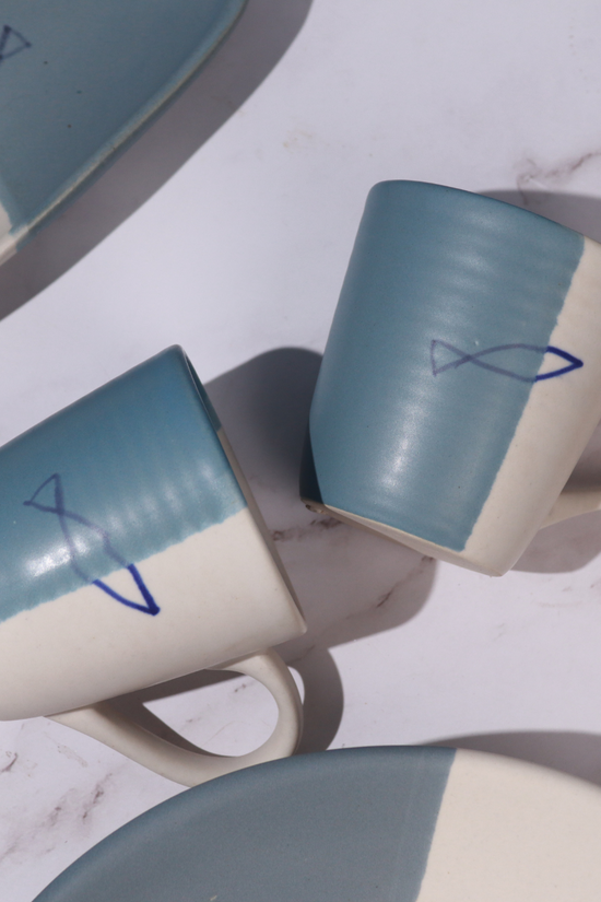 Handmade ceramic mugs white and blue