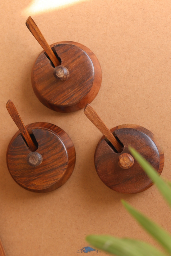 Wood Achaar Jar Set With Lid & Spoon