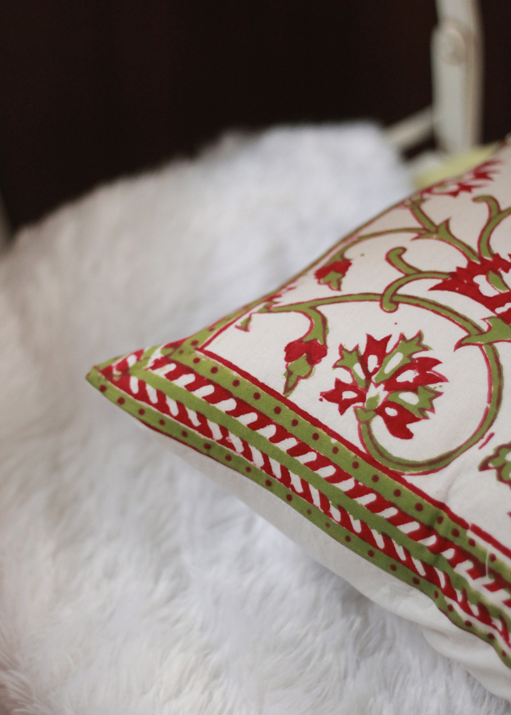 Handprinted red & green floral cushions