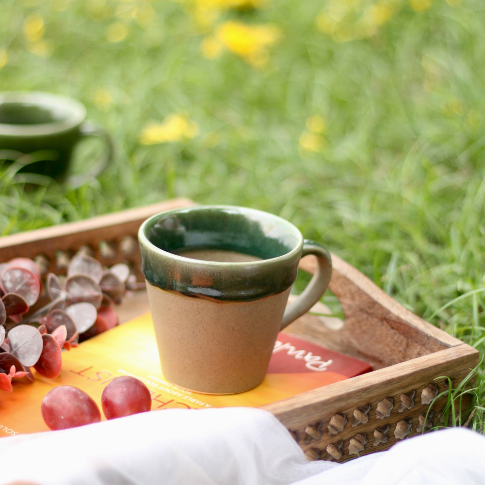 Army green drip chai cup in tray 