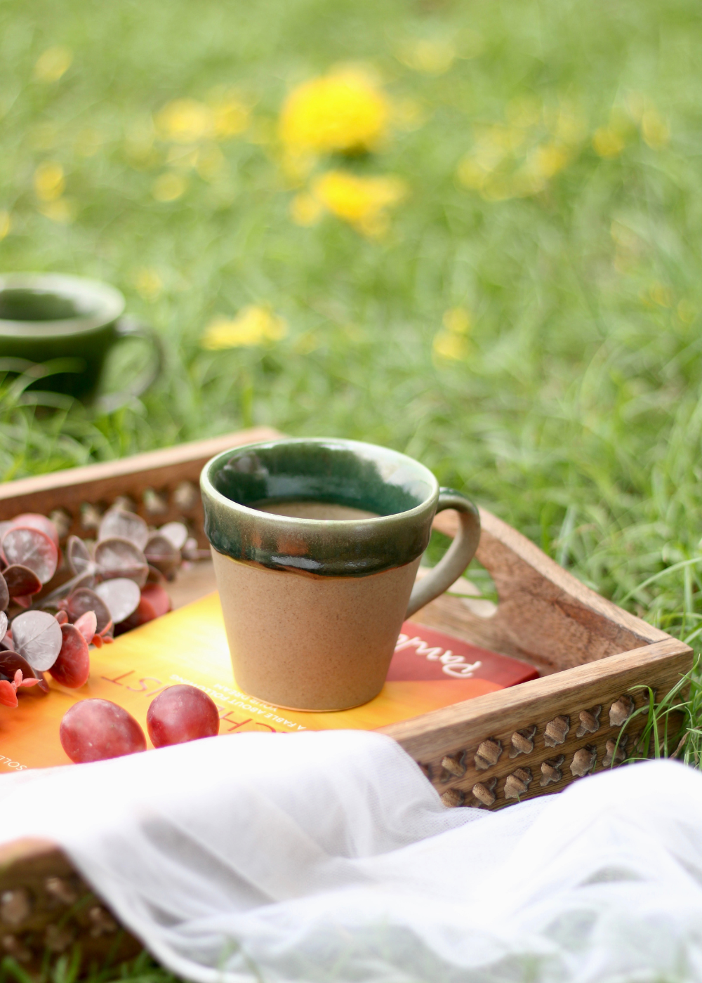 Army green drip chai cup in tray 