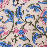 Closeup of blue and pink floral table runner