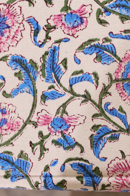 Closeup of blue and pink floral table runner