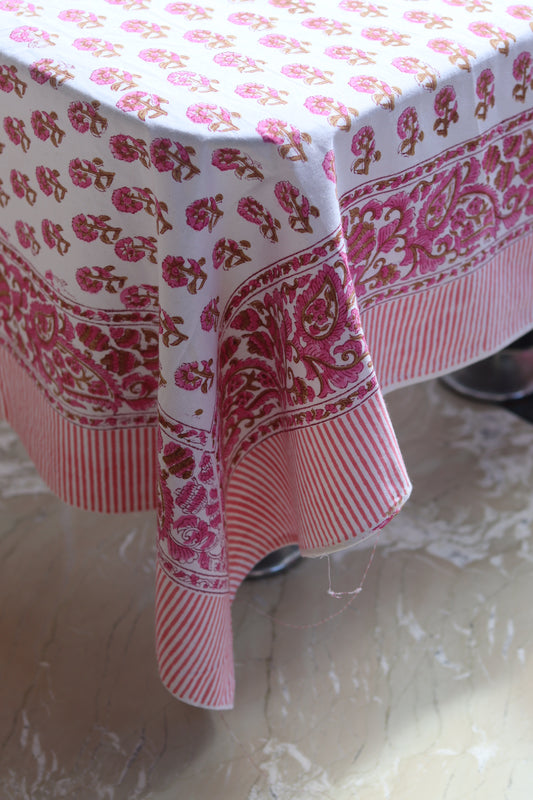 Pink Flowers on White - Block Print Table Cloth