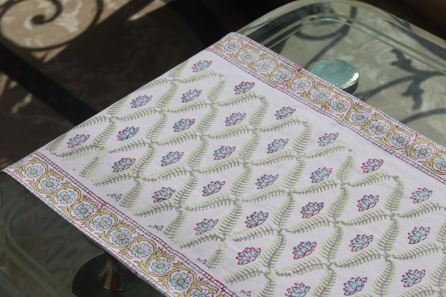 Green Lotus Block Print Table Runner