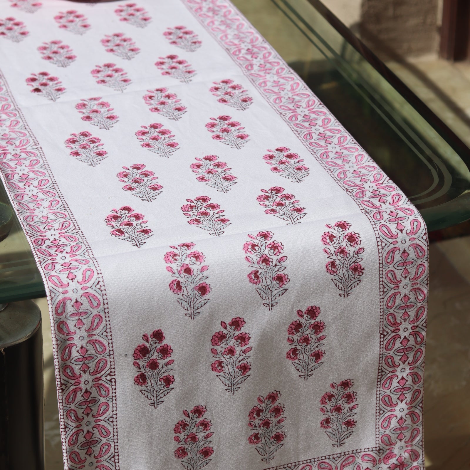 Pink Florals Motif Block Print Table Runner