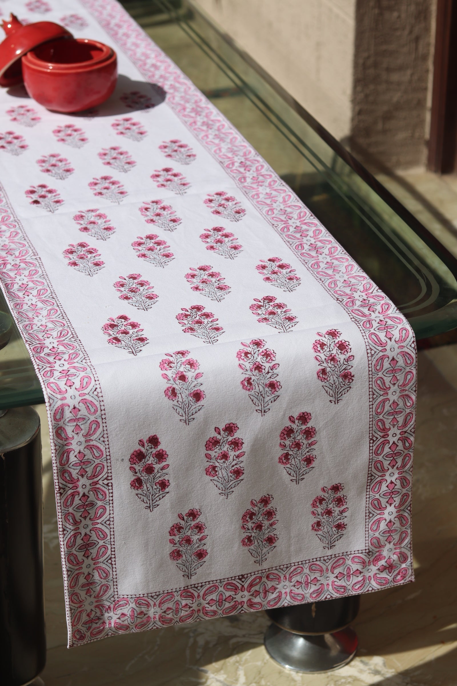 Pink Florals Motif Block Print Table Runner
