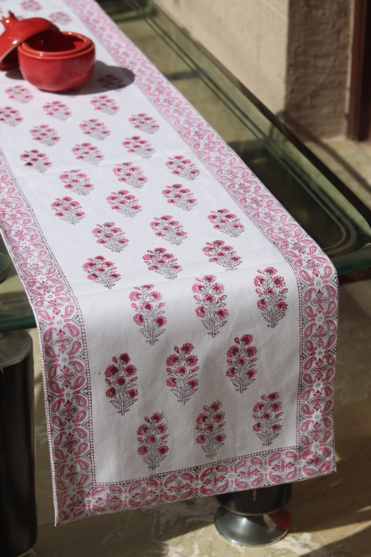 Pink Florals Motif Block Print Table Runner