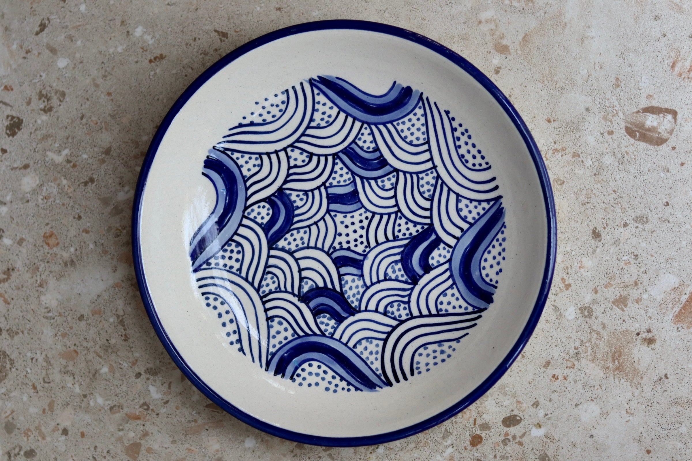 Handmade ceramic pasta plate white & blue 