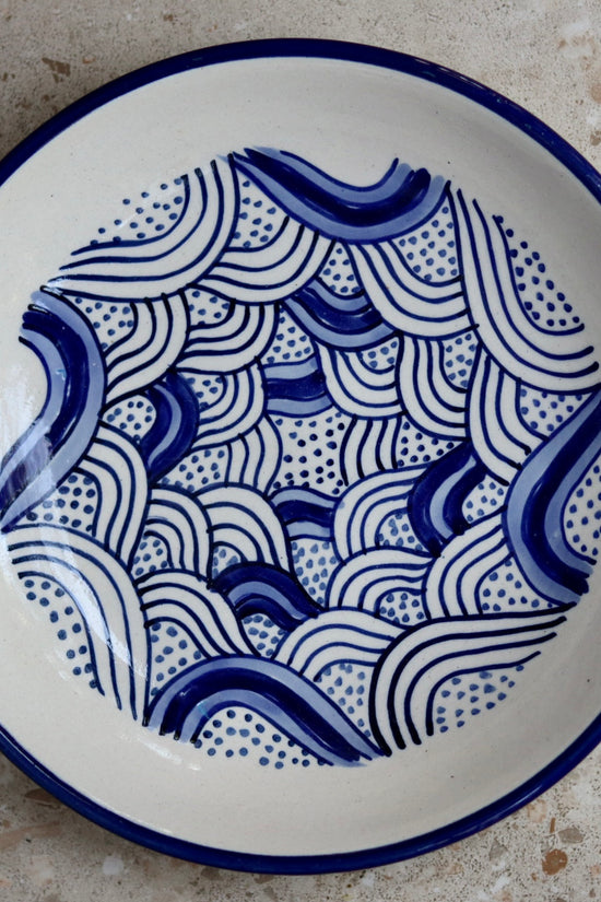 Handmade ceramic pasta plate white & blue 