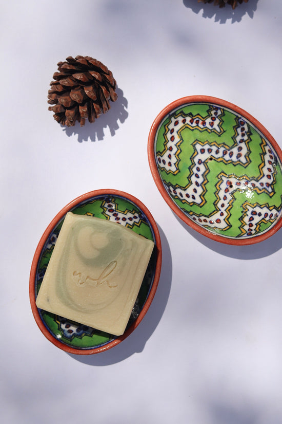 Handmade ceramic green chevron soap dish 