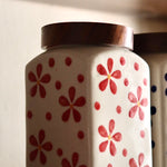 Red flower jar with wooden lid 
