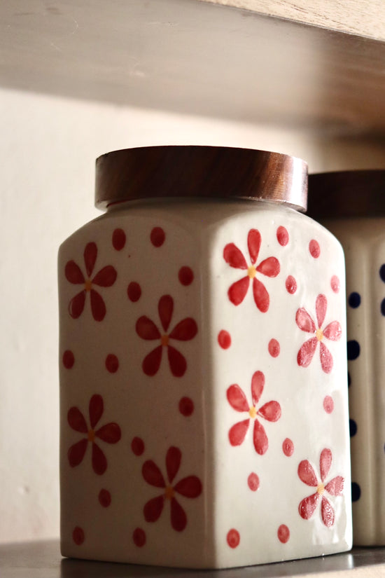 Red flower jar with wooden lid 
