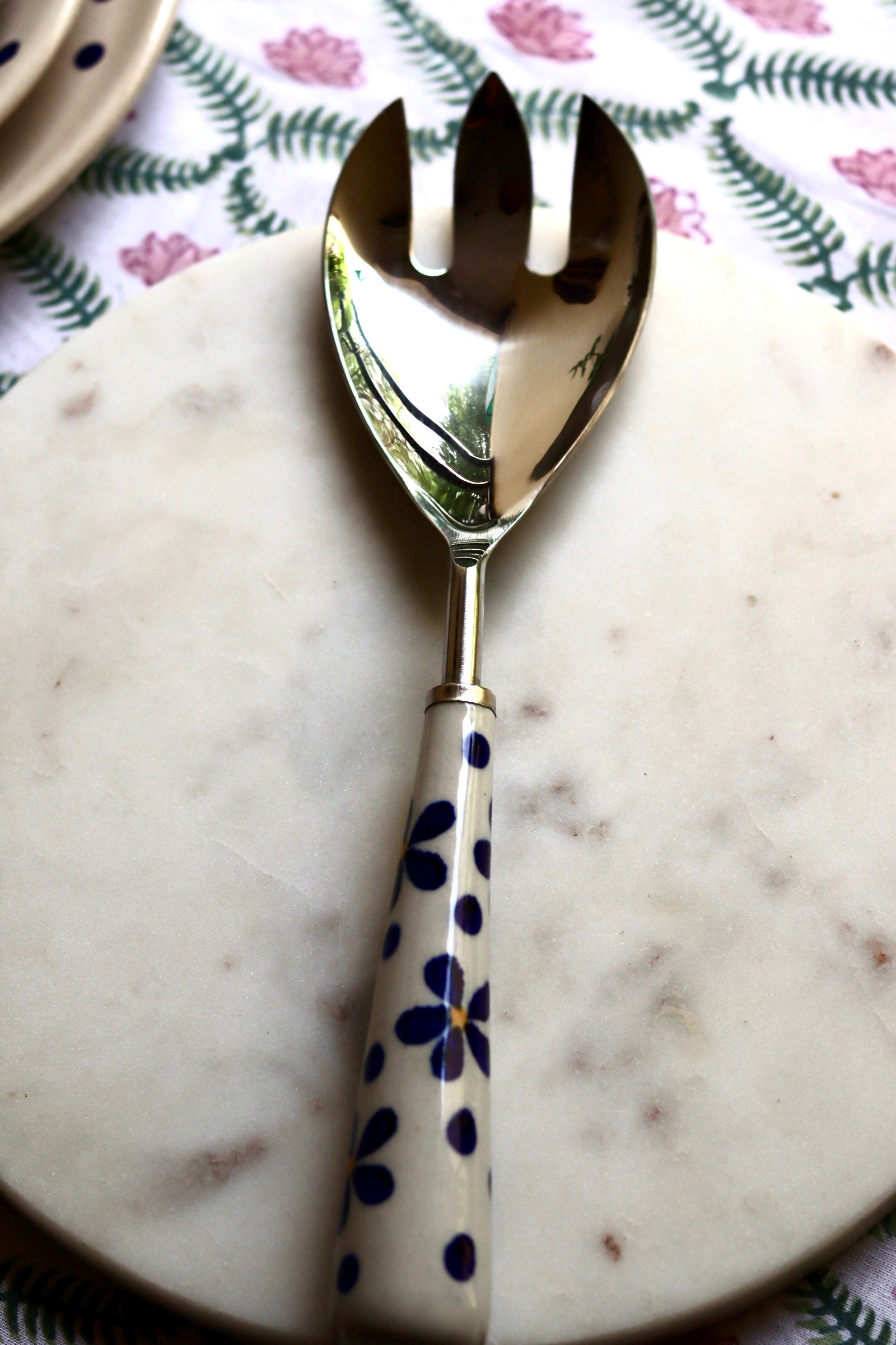 Handmade dinnerware blue floral spoon