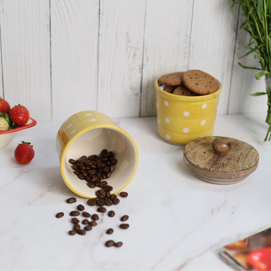 Handmade ceramic yellow polka jars with coffee bean & cookies
