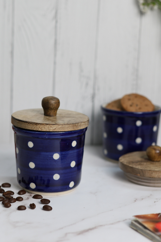 Blue polka jar with coffee beans