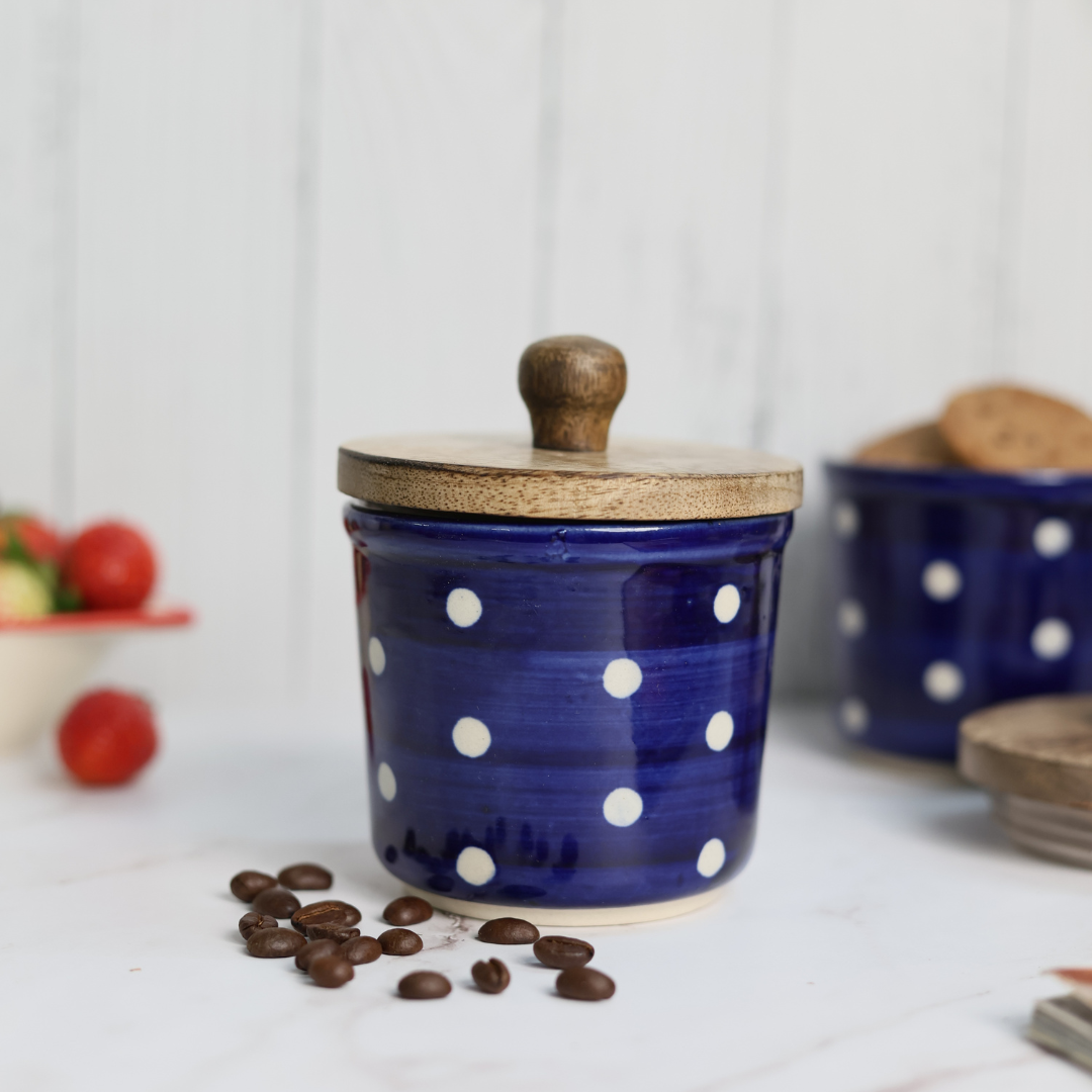 Blue polka jar with wooden lid