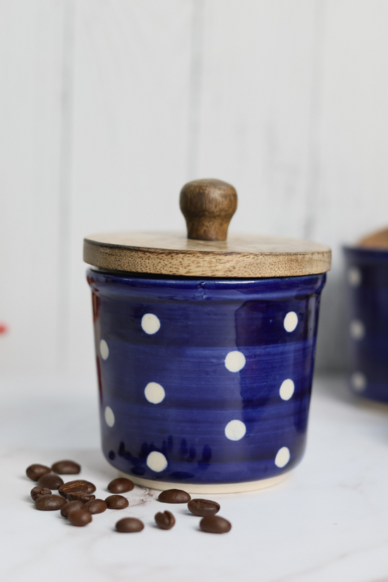 Blue polka jar with wooden lid