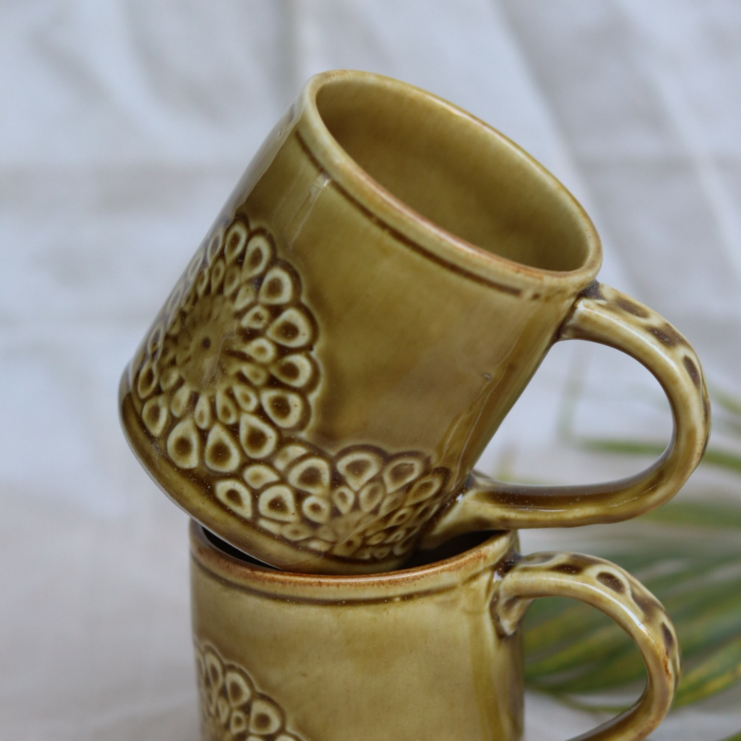 Handmade ceramic mustard flower coffee mug