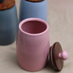 Pink ceramic jars with wooden lid 