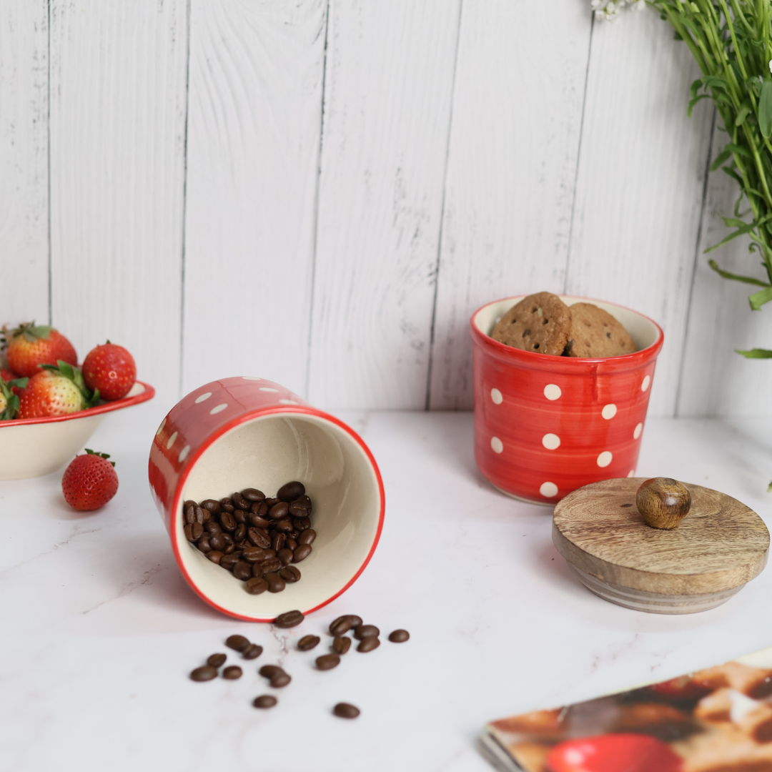 Red polka jars with cookies & coffee beans