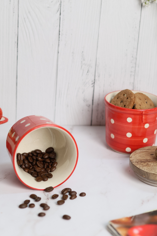 Red polka jars with cookies & coffee beans
