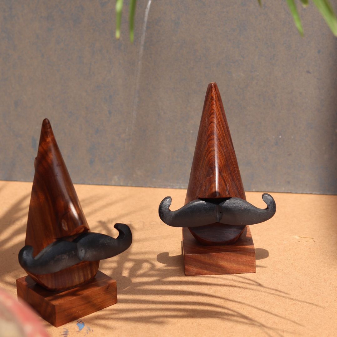 Wooden moustache specs stand 
