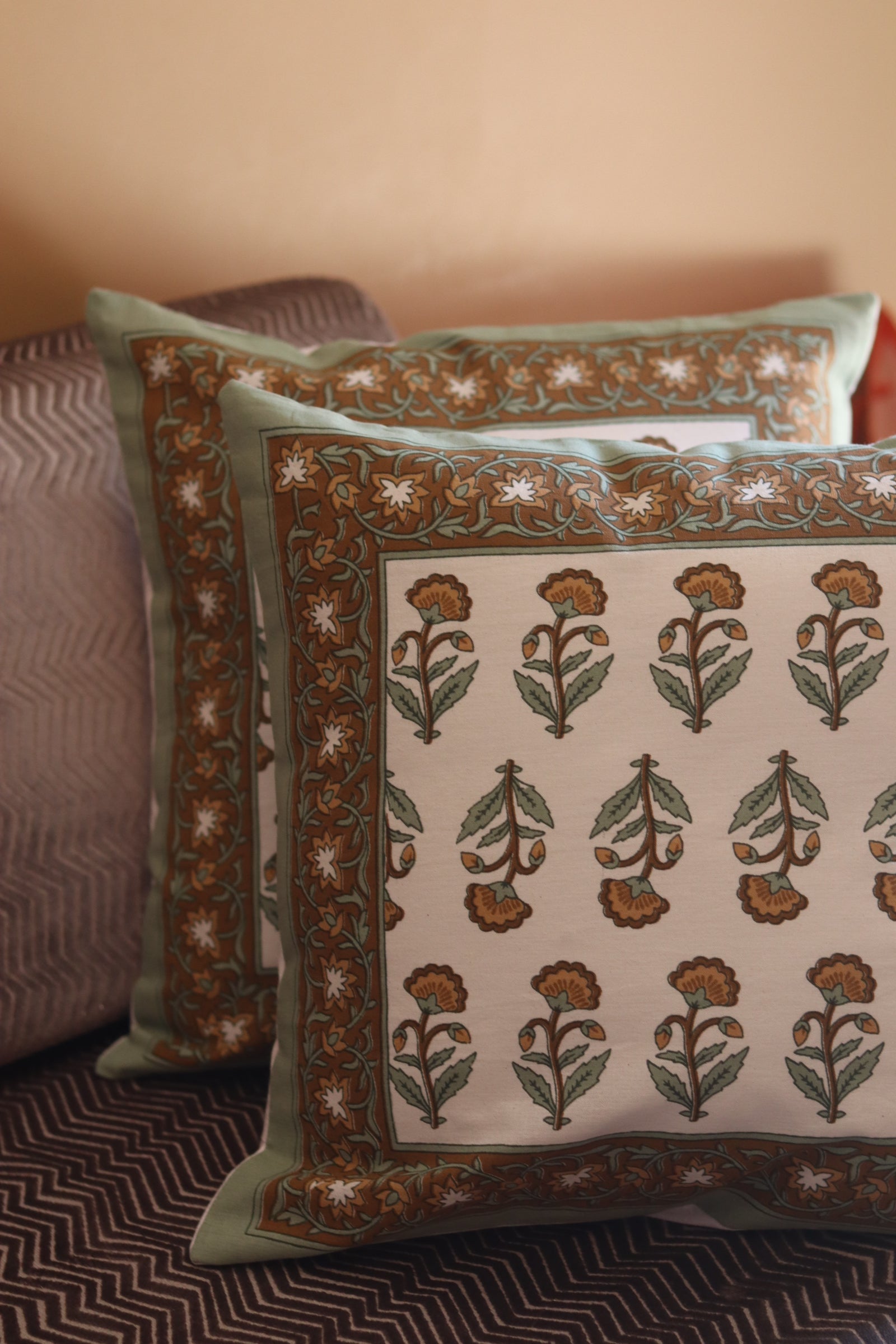 Green motif cushion covers handmade 