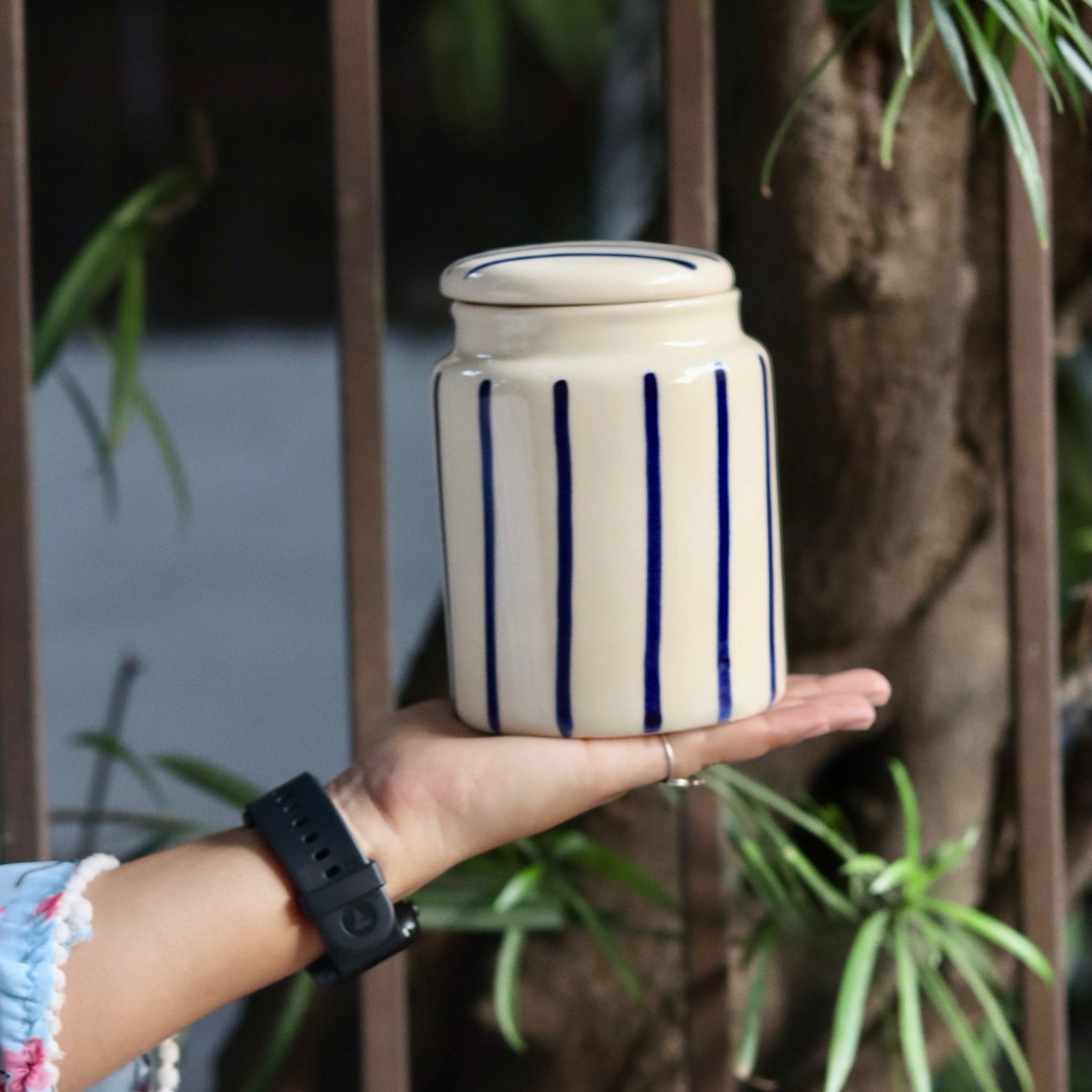 Handmade ceramic blue & white storage jar 