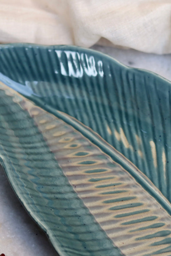 Handmade ceramic green leaf platter