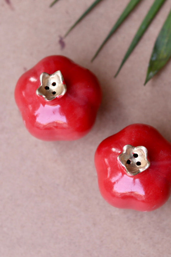 Two red anar shaped salt and pepper shakers