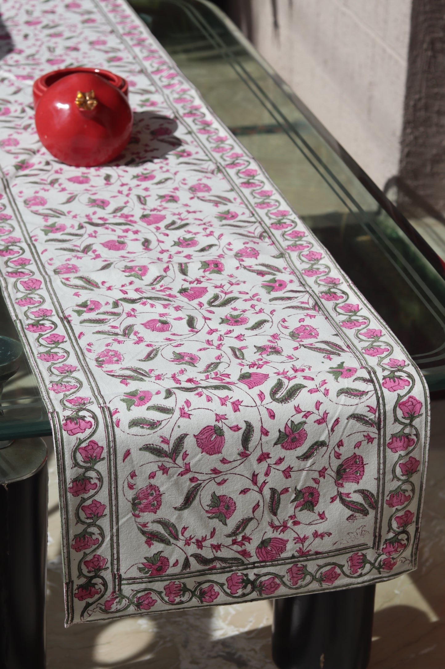 Pink & Green Lotus Block Print Table Runner