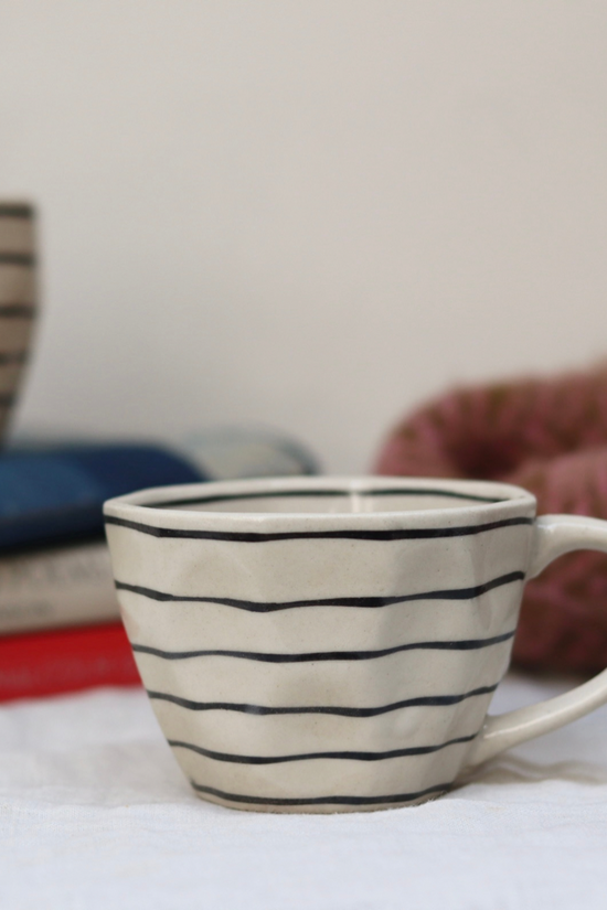 Black lined handmade coffee mug 